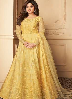 Yellow Embroidery Butterfly Net semistich Designer Silk Satin Salwar Suit. 1