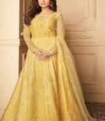 Yellow Embroidery Butterfly Net semistich Designer Silk Satin Salwar Suit.