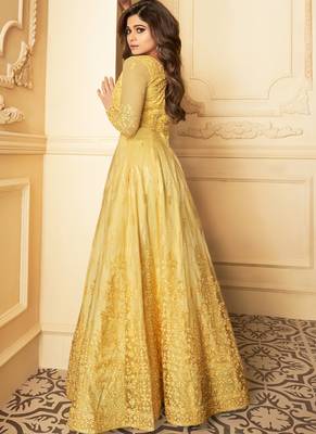 Yellow Embroidery Butterfly Net semistich Designer Silk Satin Salwar Suit. 2