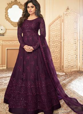  Shamita Shetty Purple Lucknowi Embroidered Anarkali Suit 1