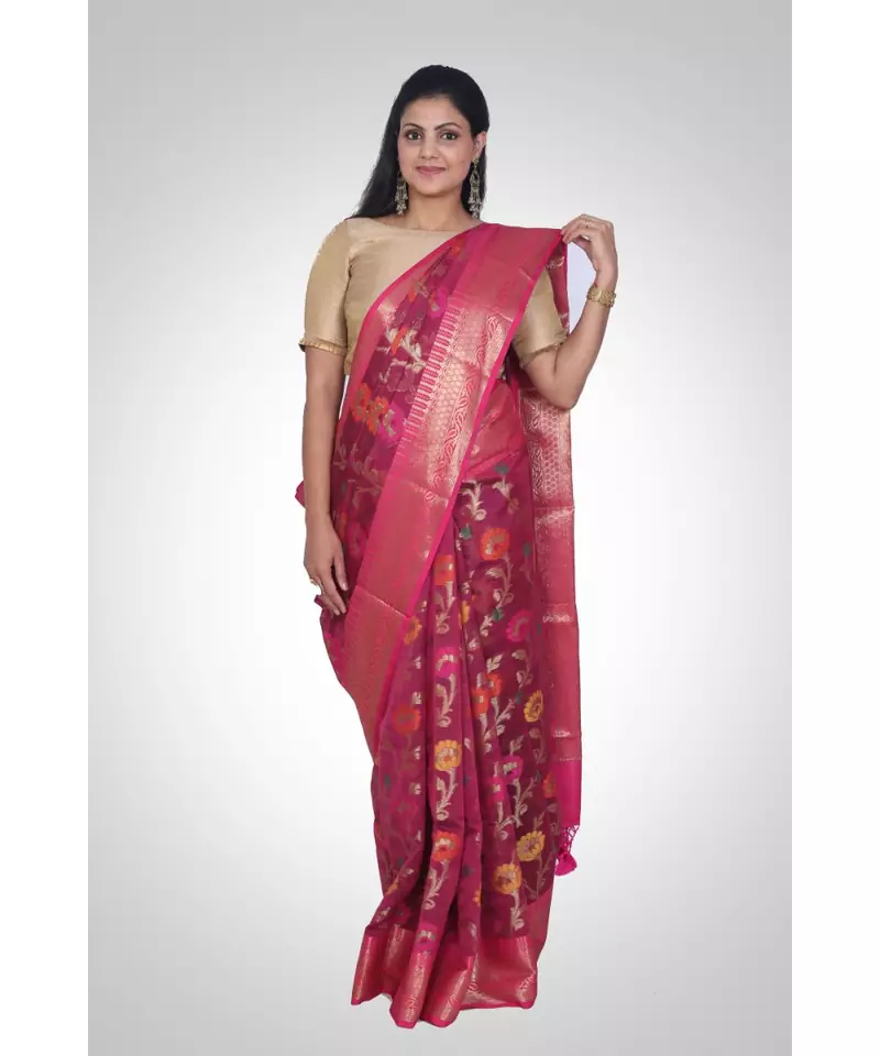 Cotton silk banarasi floral jaal saree