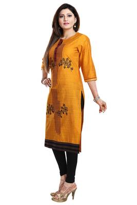Mustard embroidered art silk party-wear-kurtis 3