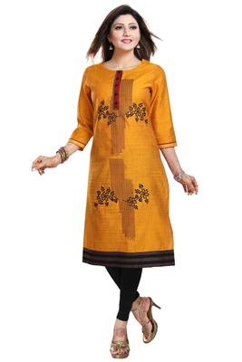 Mustard embroidered art silk party-wear-kurtis 4