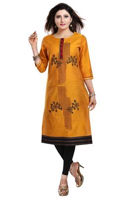 Mustard embroidered art silk party-wear-kurtis 5