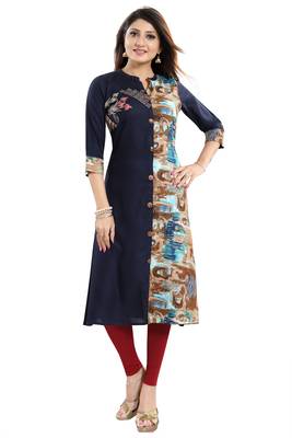 Dark-blue printed art silk party-wear-kurtis 1