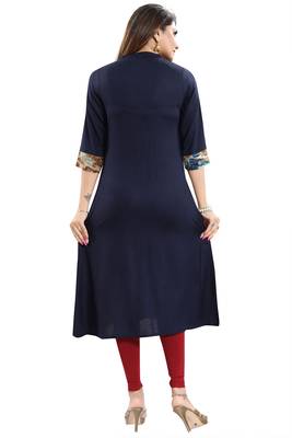 Dark-blue printed art silk party-wear-kurtis 2