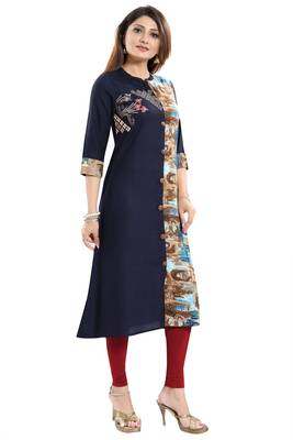 Dark-blue printed art silk party-wear-kurtis 3