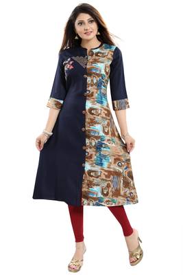 Dark-blue printed art silk party-wear-kurtis 4