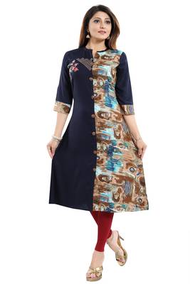 Dark-blue printed art silk party-wear-kurtis 5