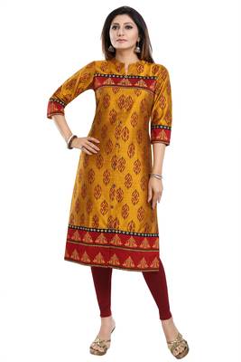 Mustard printed art silk party-wear-kurtis 1
