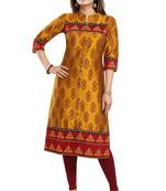 Mustard printed art silk party-wear-kurtis