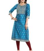 Blue printed art silk party-wear-kurtis