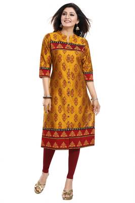 Mustard printed art silk party-wear-kurtis 4