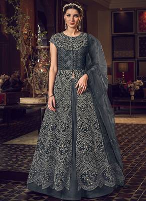 Dark Grey Butter Fly Net  Wedding Salwar Kameez 1