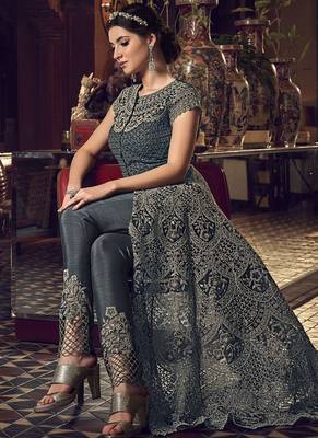 Dark Grey Butter Fly Net  Wedding Salwar Kameez 2