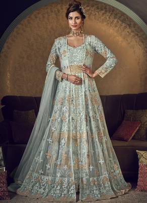 Sky Blue Butter Fly Net  Wedding Salwar Kameez 1