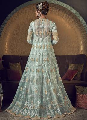 Sky Blue Butter Fly Net  Wedding Salwar Kameez 4