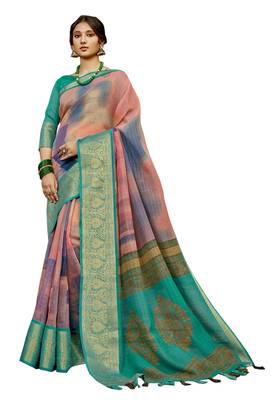 Pink printed cotton silk saree with blouse 1