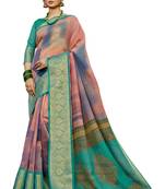 Pink printed cotton silk saree with blouse