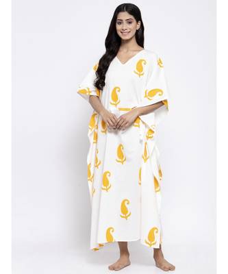 White Sleep Wear Hand Block Kaftan 1
