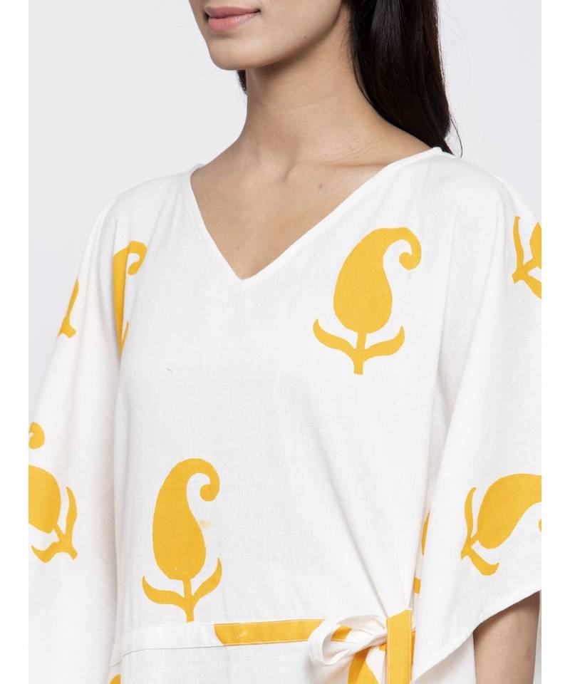 White Sleep Wear Hand Block Kaftan