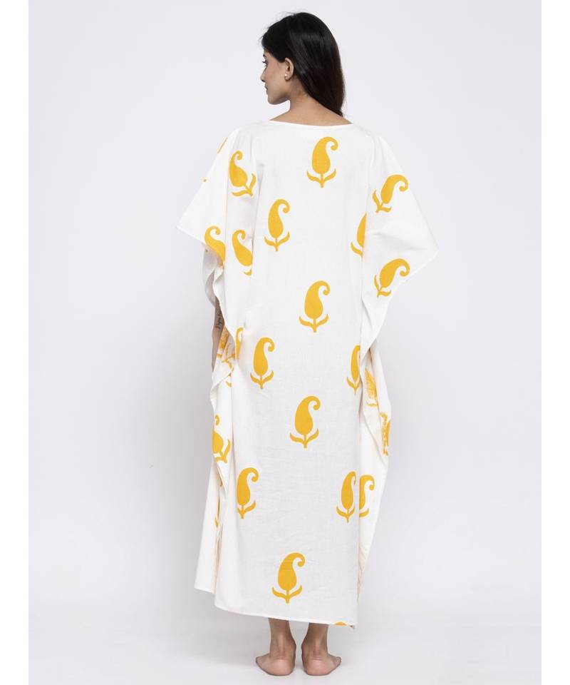 White Sleep Wear Hand Block Kaftan