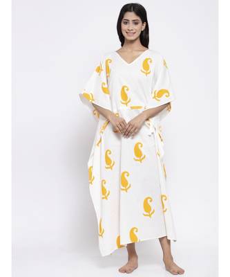 White Sleep Wear Hand Block Kaftan 4