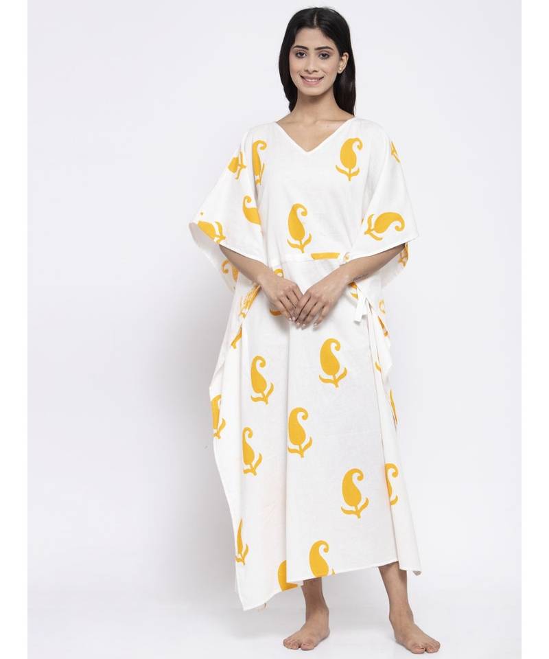 White Sleep Wear Hand Block Kaftan