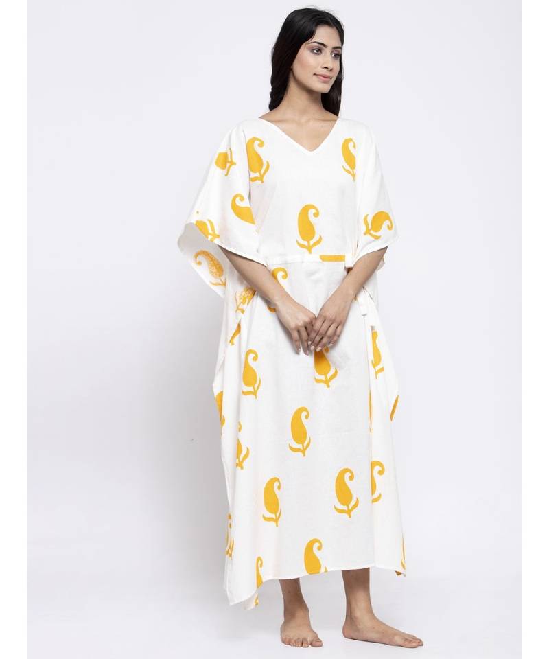 White Sleep Wear Hand Block Kaftan