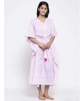 V Neck Red White Sleep Wear Hand Block Kaftan 1