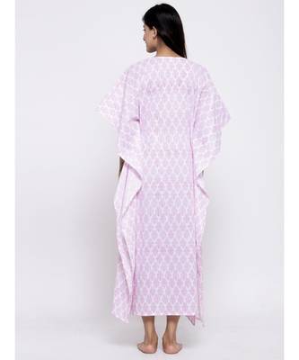 V Neck Red White Sleep Wear Hand Block Kaftan 2