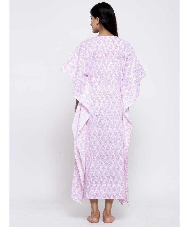 V Neck Red White Sleep Wear Hand Block Kaftan