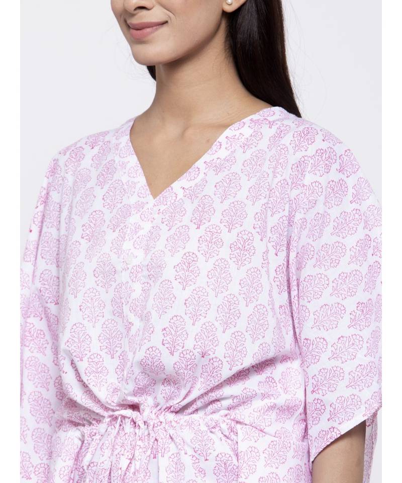 V Neck Red White Sleep Wear Hand Block Kaftan