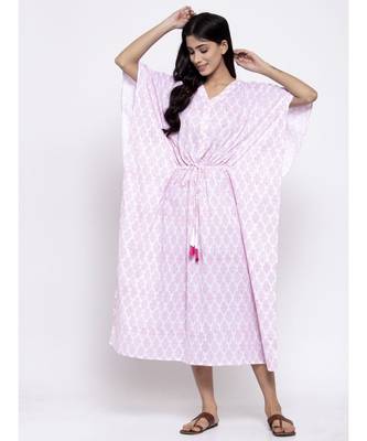 V Neck Red White Sleep Wear Hand Block Kaftan 4