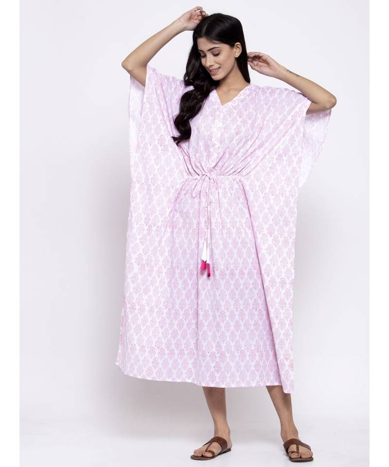 V Neck Red White Sleep Wear Hand Block Kaftan