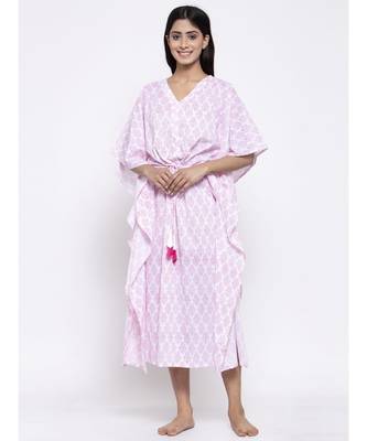 V Neck Red White Sleep Wear Hand Block Kaftan 5