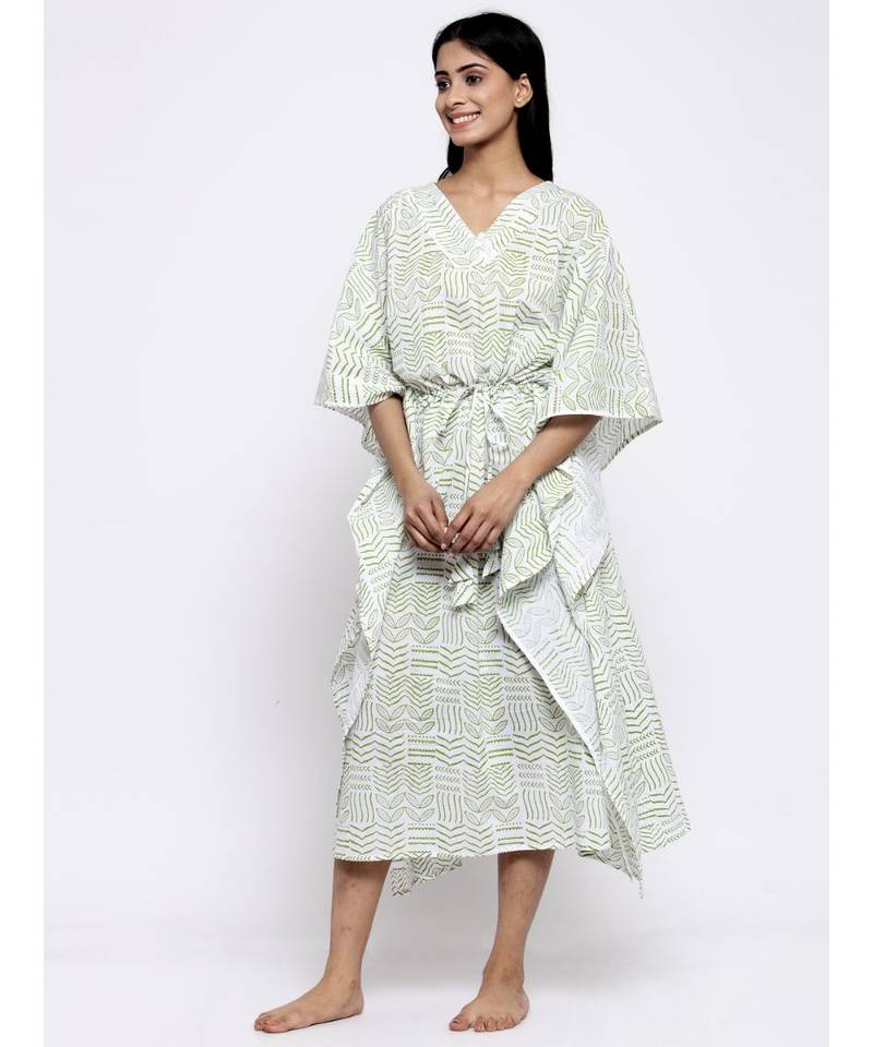 V Neck Sleep Wear Hand Block Kaftan