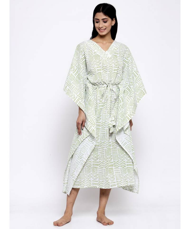 V Neck Sleep Wear Hand Block Kaftan