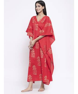 Red Gold Hand Block Kaftan 1