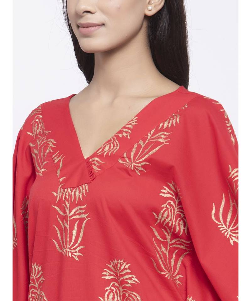 Red Gold Hand Block Kaftan
