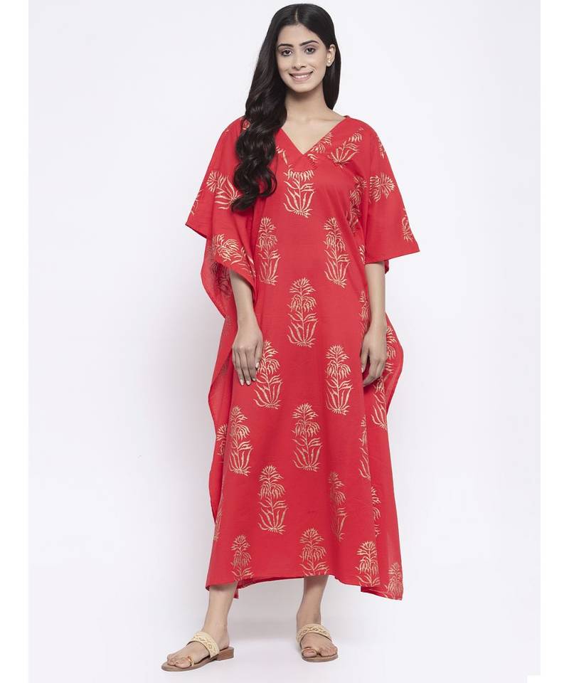 Red Gold Hand Block Kaftan