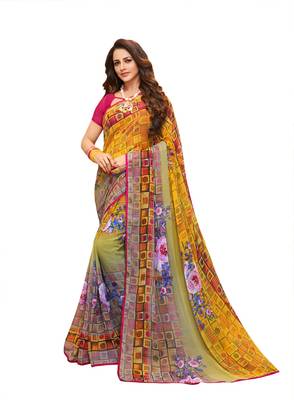 Multicolor printed chiffon saree with blouse 1