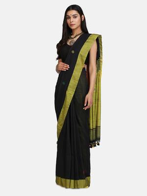 Yellow and Black Buti Work Khadi Cotton Handloom Saree With blouse 1
