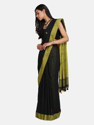 Yellow and Black Buti Work Khadi Cotton Handloom Saree With blouse 3