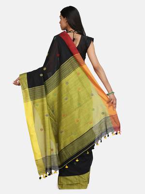 Yellow and Black Buti Work Khadi Cotton Handloom Saree With blouse 4