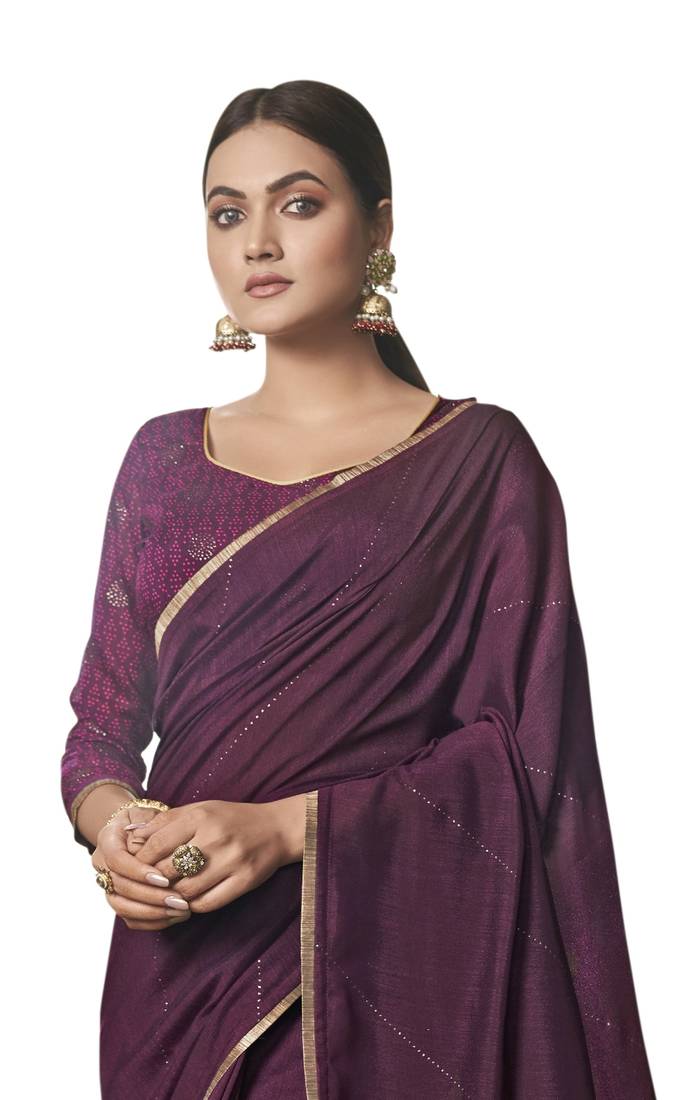 Burgundy Printed Silk Blend Saree With Unstitched Blouse Piece