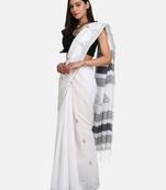 White Triangle Design Hand Weaven Cotton Silk Handloom Saree With Blouse