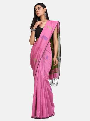 Pink Jamdani Work Cotton Silk Handloom Saree With Blouse 1