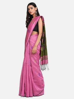 Pink Jamdani Work Cotton Silk Handloom Saree With Blouse 3