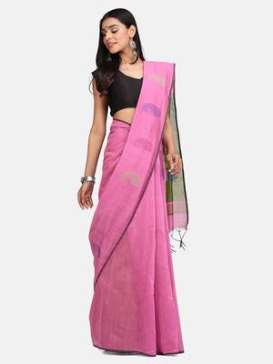 Pink Jamdani Work Cotton Silk Handloom Saree With Blouse 4